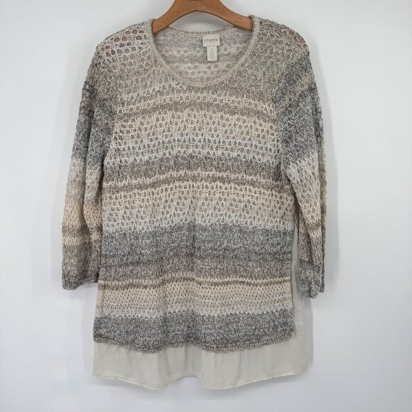 Chicos 2 Womens Knit sweater Layered Design Size large Beige Gray Cotton Blend - Picture 9 of 13